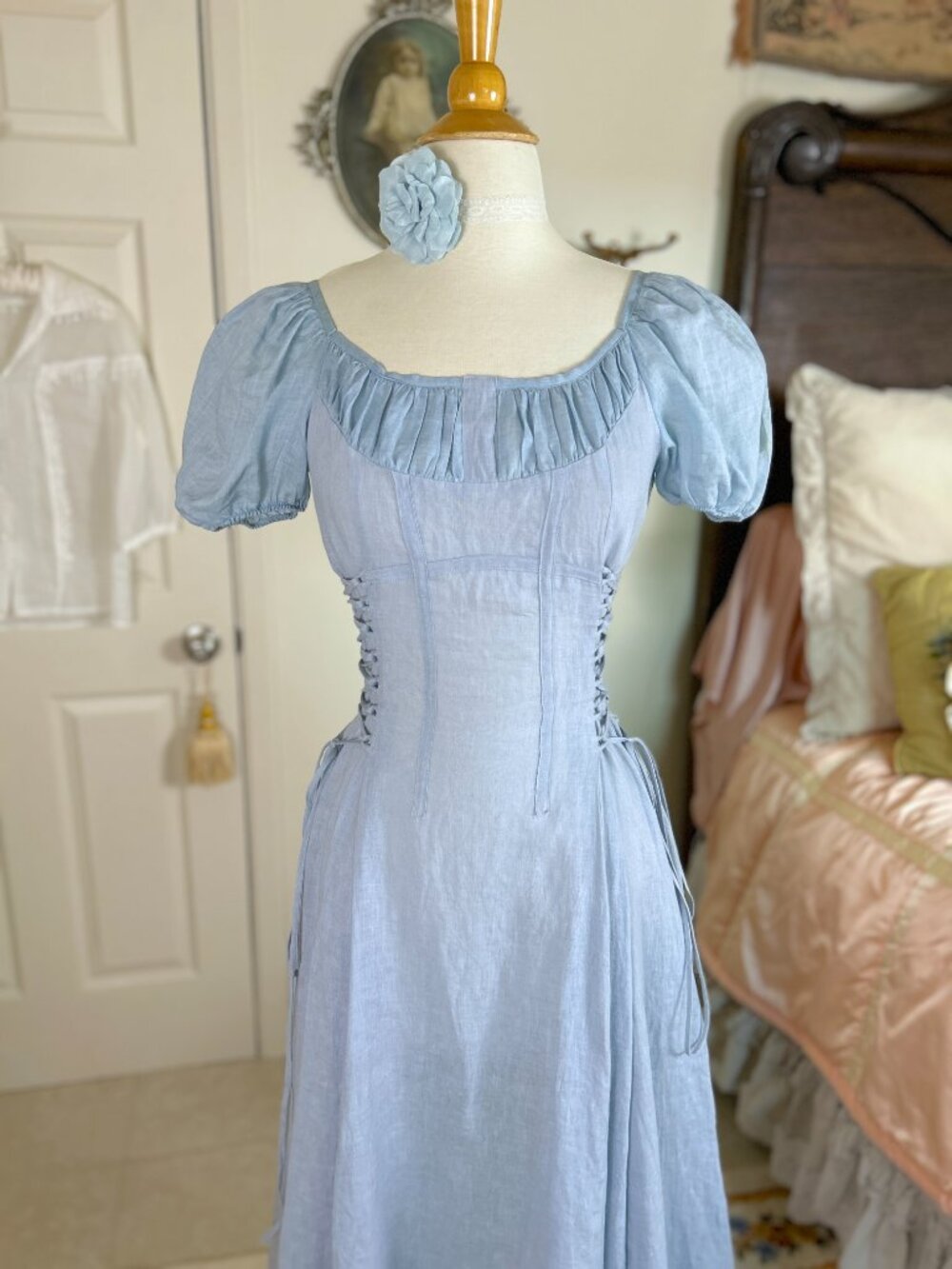 Linennaive Blue Linen Corset Milkmaid Dress, Ylang 18 Cinderella, Puff Sleeves - Picture 6 of 9